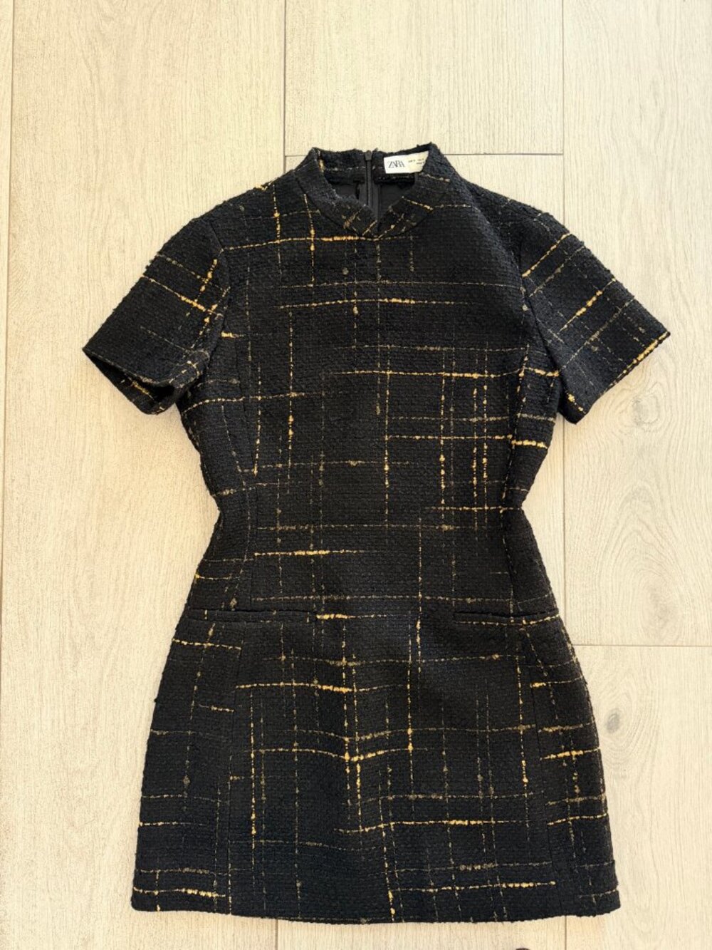 Zara Black Tweed Dress Gold Windowpane Check Mandarin Collar